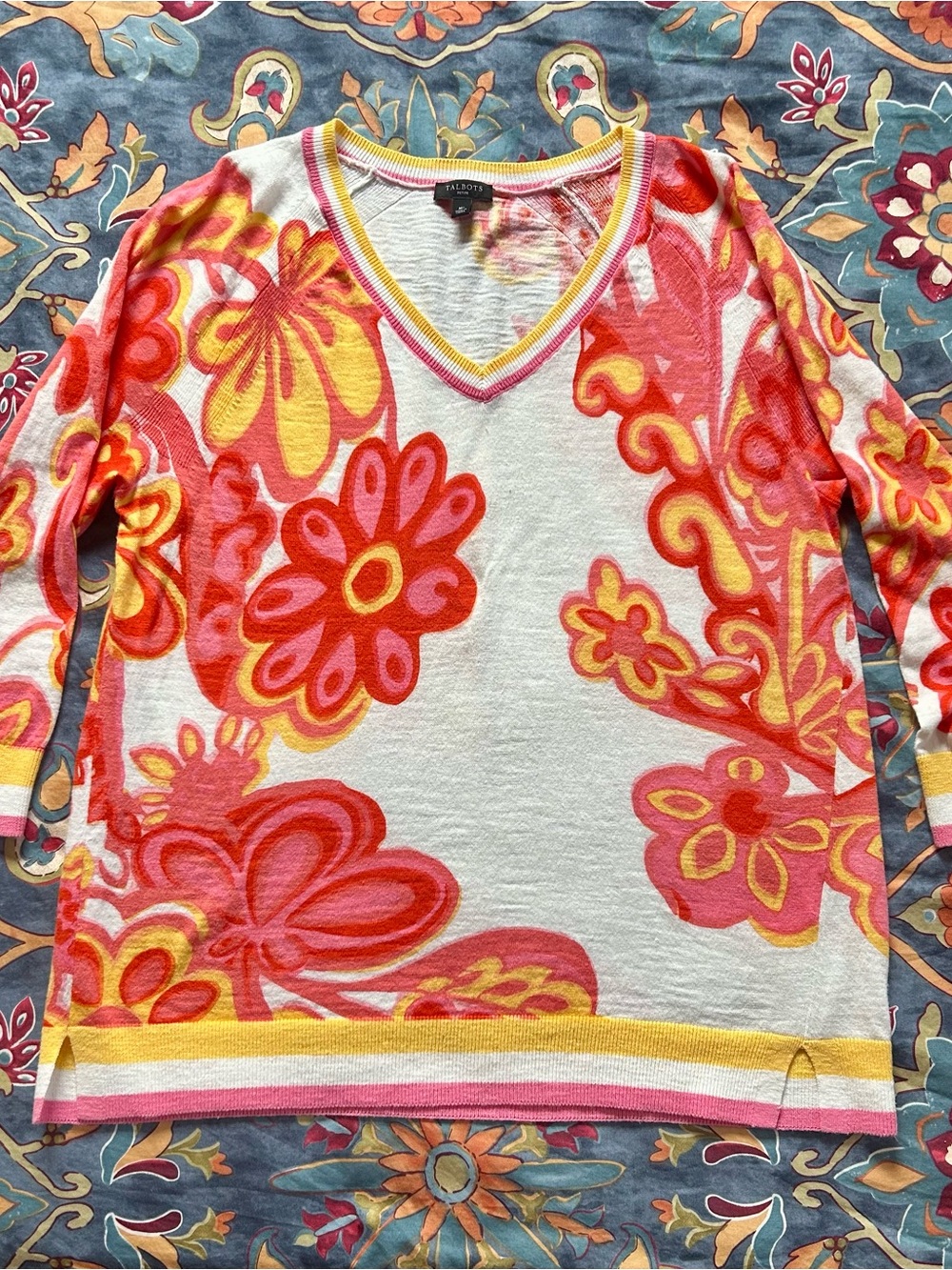 Talbots Petite Floral V-Neck Sweater in Pink, Yellow & Cream